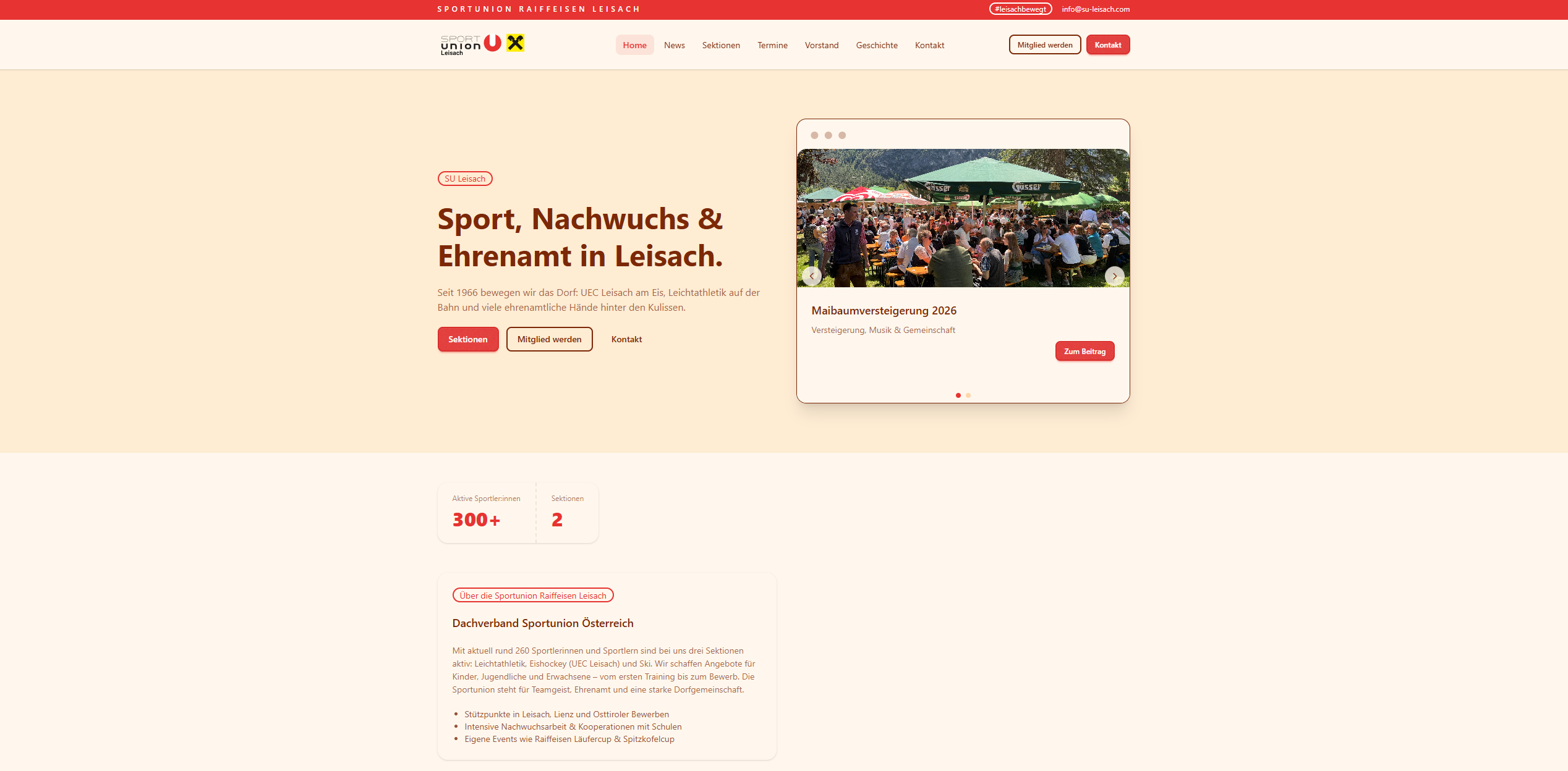 Startseite der Vereinswebsite der Sportunion Raiffeisen Leisach